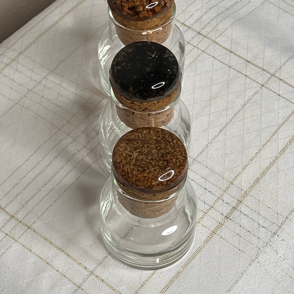 3 Glass Jars 3.75”Tall Cork Lids With Acrylic Resin On Top Vintage - Picture 2 of 6